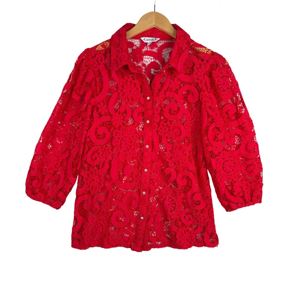 Nanette Nanette Lepore Red Floral Lace Button Up Blouse Size Large 3/4 Sleeve